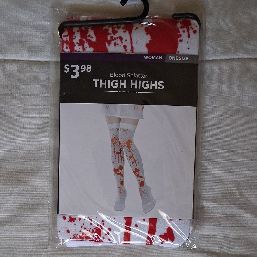 Blood Splatter Thigh Highs - White with Red